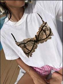 Camiseta de verano para mujer, de cuello redondo y manga corta, con un divertido estampado estilo lencería, adecuada para uso casual diario y vacaciones. - Blanco - Ver 2