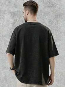 Camiseta de manga corta estampada de algodón lavado de 230 g, colección Verano 2026|   Camiseta de manga corta estilo retro americano, holgada, de hombros caídos, estilo para parejas, de algodón pesado lavado y desgastado para verano. - Negro - Ver 2