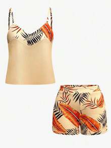2 piezas Conjunto de top de tirantes y shorts estampados con plantas para mujeres - Albaricoque - Ver 3