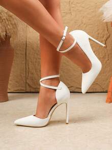 Sexy & Fashionable White Pointed Toe High Heels With Strap Detailing, 12cm, For Women's Spring & Autumn Outfits Valentines,Elegant,Party,Stiletto Heels - Beige - View 4