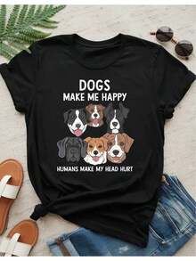 Camiseta de mujer con estampado de perros, camiseta casual de manga corta y cuello redondo con el diseño "Dogs Make Me Happy", negra, perfecta para usar en verano y primavera, camiseta con estampado de perros. - Negro - Ver 1