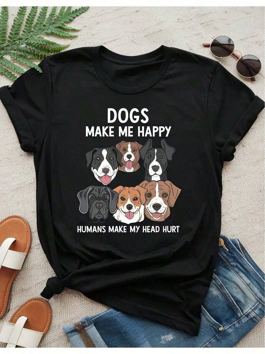 Camiseta de mujer con estampado de perros, camiseta casual de manga corta y cuello redondo con el diseño "Dogs Make Me Happy", negra, perfecta para usar en verano y primavera, camiseta con estampado de perros. - Negro - Ver 1