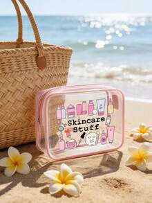 "Skincare Stuff" 字母印花 PVC 拉鍊盥洗包，輕量耐褪色化妝盥洗包（專為女性與女孩設計），TSA 認證便攜式化妝包，易清洗設計；適合作為化妝包/禮品包送給母親、老師、朋友、護士；給女性朋友的貼心禮物；必備旅行收納包、盥洗包，防水收納袋，適用於學校假期、節日及開學季 - 彩色 - 查看 2