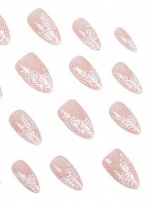 24pcs Medium Almond Shaped Acrylic Nail Tips, White Lace Nude Glossy Fake Nails, Fresh White Floral Leaf Pattern With Simple Grid Design, Perfect For Summer Daily Casual Wear - White - View 2
