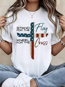Women's Summer Outfits, Casual T-Shirt With American Flag And Cross Print, Patriotic Design For Everyday Wear And Holidays, Unisex Summer Outing T-Shirts, Women's T-Shirts - 白色 - 查看 6