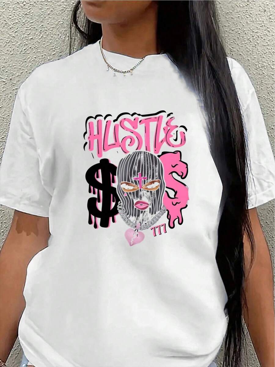 Short Sleeve T-Shirt With Hustle Graphic Design, Lightweight And For Casual Wear In Restaurant Or Home Settings, Featuring Bold Pink Print And Fashionable Style - White - View 1
