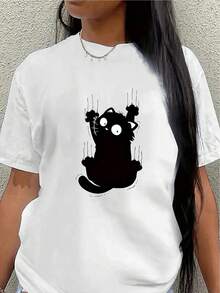 This Lightweight And Durable Short-Sleeved T-Shirt Features A Cute Black Cat Design And Is Perfect For Casual Wear At Home, In The Office, Or At A Restaurant, Guaranteeing Comfort And Style For Everyday Wear. - 白色 - 查看 7