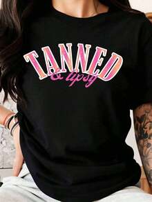 Women's "Tanned And Energized Summer Vibes" Graphic T-Shirt, Beach Party Outfit, Cute And Fun Pink Gradient Design T-Shirt, 100% Pure Cotton, Women's T-Shirt - 黑色 - 查看 7