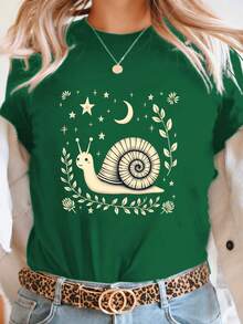 Women's T-Shirt With Astral Snail Print - Short-Sleeved, Round-Neck T-Shirt With Snail And Planet Prints - Medium Stretch, Casual Spring/Summer Style - Machine Washable, Regular Fit, Suitable For Everyday Wear And Themed Occasions. - 綠色 - 查看 7