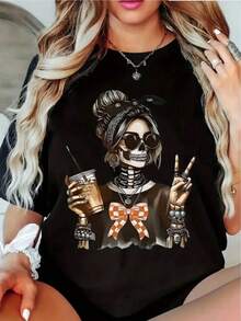 Camiseta de Mujer con Estampado de Estilo Realista de Chica Calavera con Café, Detalles de Lazo Naranja, Estampado Térmico, Moderna y Urbana de Manga Corta - Negro - Ver 4