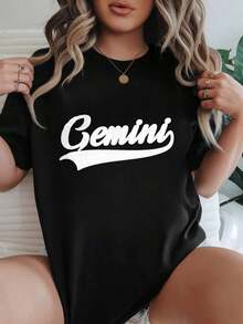 Women's Casual Loose Fit T-Shirt, Available In Black And White, Gemini Graphic Print, Summer Everyday Wear T-Shirts, Summer Tops, Graphic Tees, Women's Summer Sets, Women's Crop Tops, Casual Blouses For Ladies - 黑色 - 查看 1