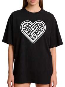 Women's Basic Casual Round Neck T-Shirt, Sizes S-2XL, 100% Solid Color, With Black And White Heart And Flower Pattern, Ideal For Family And Couple Outfits, Perfect For Spring And Summer Wear, An Ideal Gift For Mothers, Relatives And Close Friends On Mother's Day, . - 黑色 - 查看 8