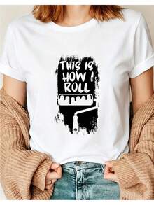 Women's T-Shirt, Casual Graphic Design T-Shirt For Women, "This Is Me" Design With Paint Roller, Ideal For Casual Wear And Home Projects, Perfect Gift For DIY Enthusiasts And Creative People. Crew Neck, Short Sleeve, Suitable For All Seasons, Casual And Versatile. - 白色 - 查看 1