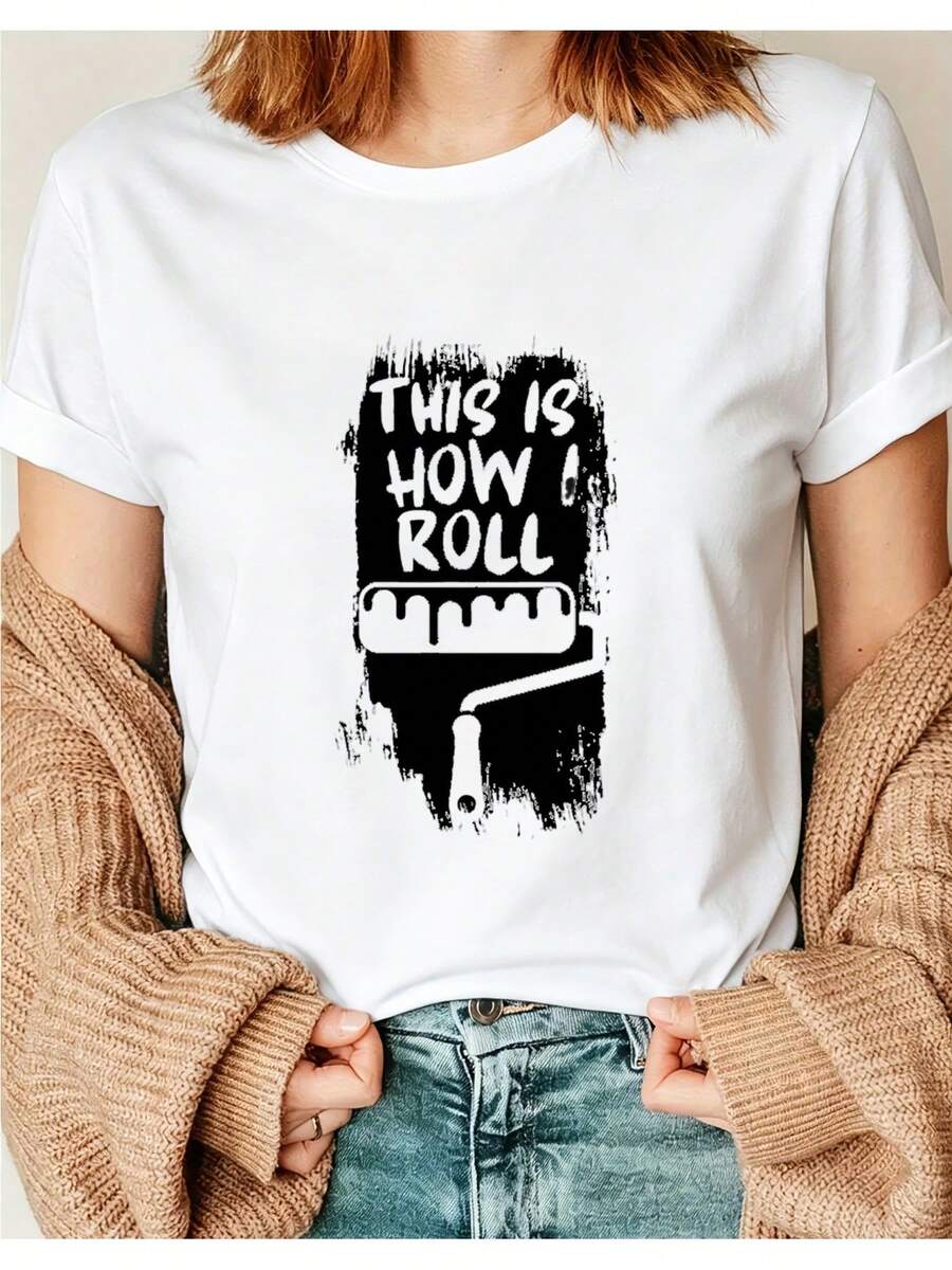 Women's T-Shirt, Casual Graphic Design T-Shirt For Women, "This Is Me" Design With Paint Roller, Ideal For Casual Wear And Home Projects, Perfect Gift For DIY Enthusiasts And Creative People. Crew Neck, Short Sleeve, Suitable For All Seasons, Casual And Versatile. - 白色 - 查看 1