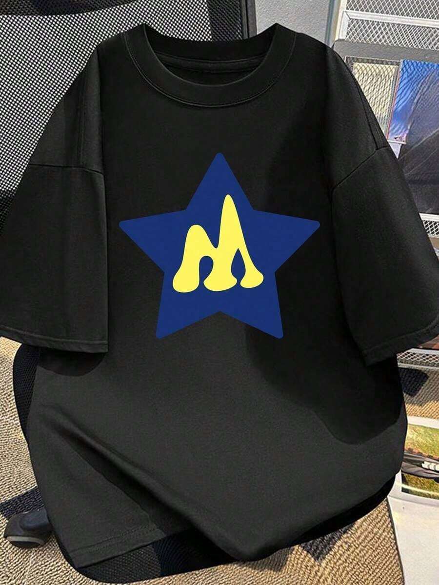 1 Piece [Xiang Longfei Selection] Pure Cotton Short Sleeve T-Shirt, Unisex Style, Letter And Star Print, Loose Casual Top, 180g, 100% Cotton. - 預設圖 2 - 查看 1