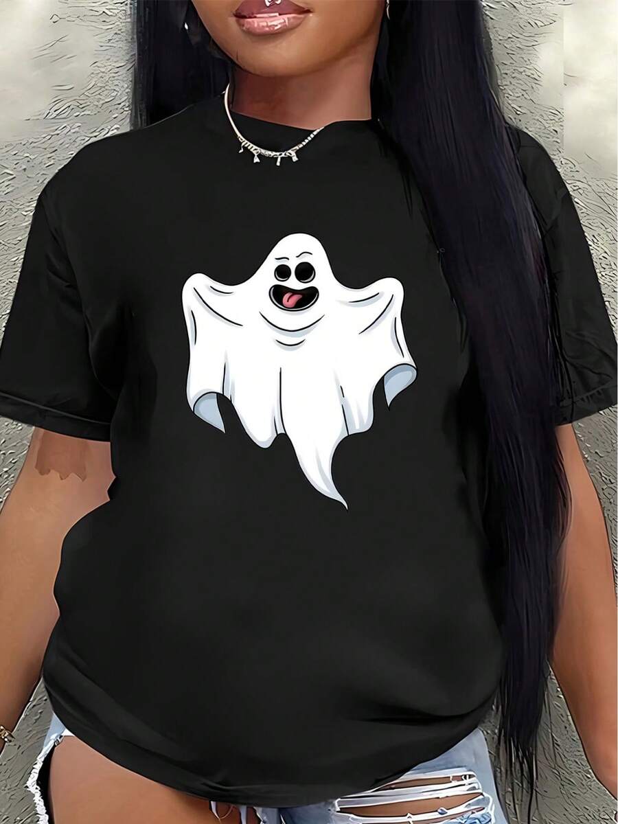 Lightweight And Durable Short-Sleeved T-Shirt With A Ghost Print Design, Perfect For Halloween Celebrations, Casual Outings, Or Home Decor. It Features A Fun Cartoon Design, Is Suitable For Adults, Comfortable And Fitted, Ideal For Everyday Wear. Women's Casual Blouse - 黑色 - 查看 1
