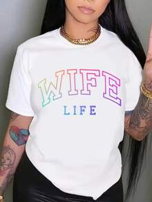Camiseta Estampada para Mujer con Gráfico Colorido WIFE LIFE - Camiseta Casual de Manga Corta y Cuello Redondo, Corte Relajado para Todas las Estaciones, Perfecta para Uso Diario y Atuendos de Vacaciones (Lavable aáquina). - Blanco - Ver 7