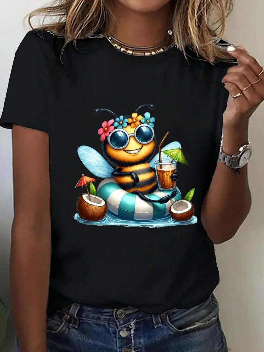 Camiseta Deportiva Casual para Mujer --Shirt Negra Elástica de Cuello Redondo con Colorido Diseño de Abeja de Dibujos Animados y Bebida, Lavable aáquina, Ajuste Cómodo y Apta para Todas las Estaciones, para Uso Diario y Actividades Recreativas. - Negro - Ver 1