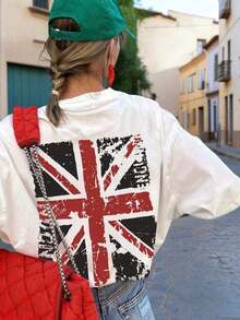 Nueva Camiseta de Verano con Estampado Gráfico de la Bandera Británica, Cuello Redondo, Manga Corta, Casual, Blusa Moderna y Versátil para Mujer, Blanca - Blanco - Ver 7