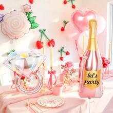 6件套浪漫婚礼气球套装，包含酒瓶气球、钻戒气球、粉红玫瑰气球、心形气球，适用于婚礼、生日派对、新娘送礼会、单身派对、周年庆典、浪漫主题派对、房间装饰、摄影道具。 - 多色 - 查看 4