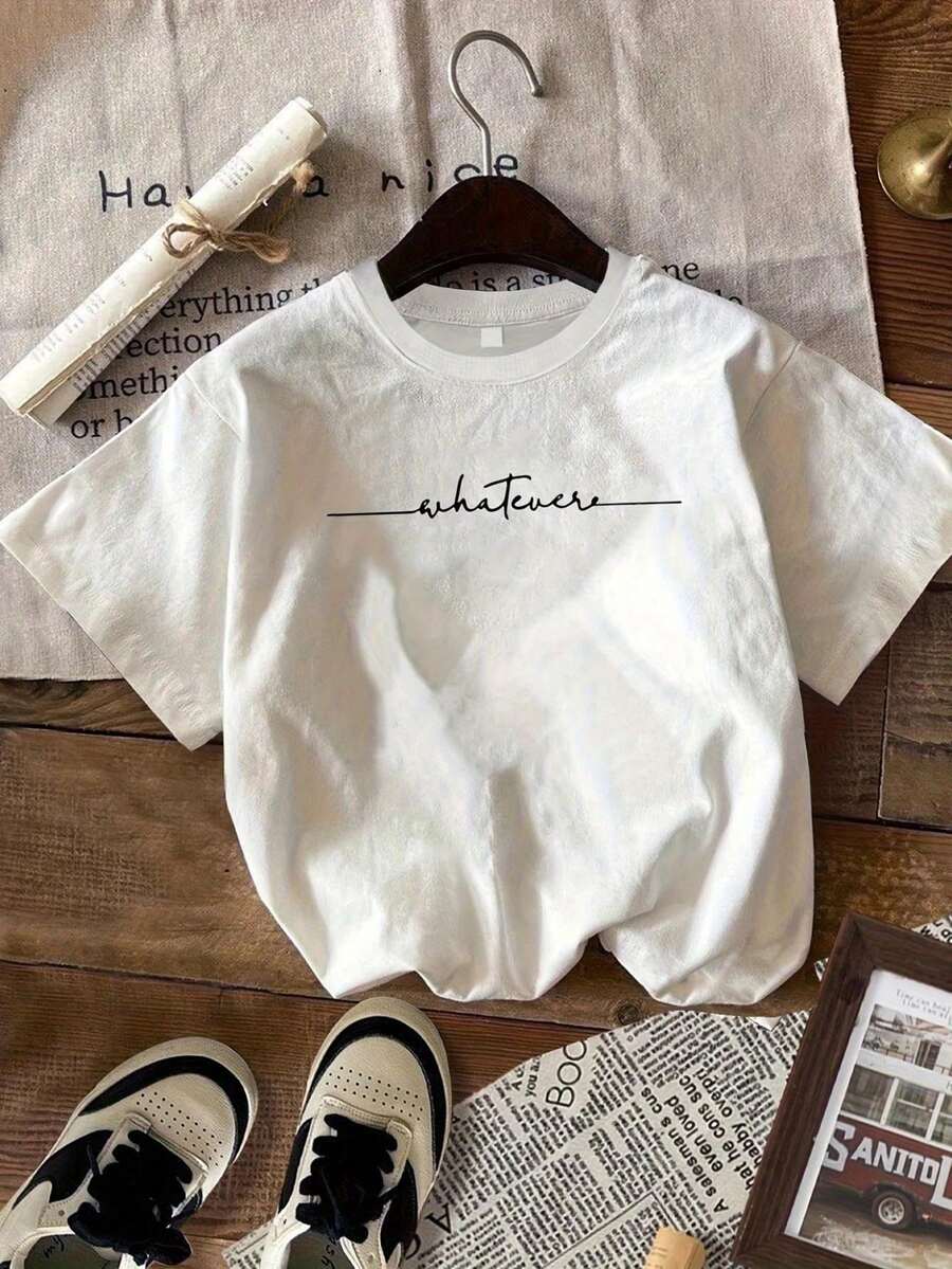 Women's White T-Shirt, 100% Cotton, With Hand-Lettered "Whatever" Print - Loose Fit, Round Neck, Short Sleeves, Casual Style, Breathable For Summer, Suitable For Everyday Wear And Parties, Machine Washable. - Black - View 1