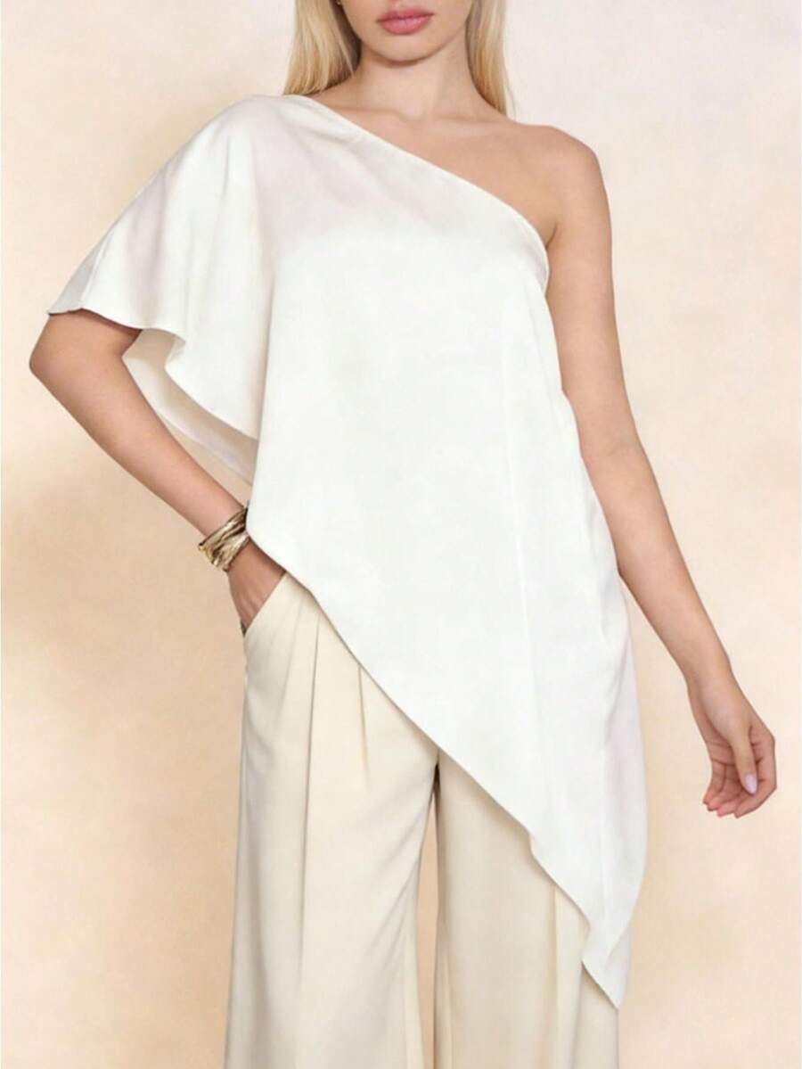 Women's Satin One Shoulder Top Asymmetrical Hem Draped Sleeve Blouse For Cocktail, Party Evening Wear - trắng - Xem 1