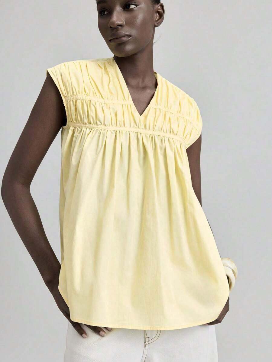 Ontre 2026SS Nueva Blusa para Mujer, Tejido Tejido, Estilo Urbano Elegante Casual, Moda Minimalista para Ir al Trabajo - Amarillo - Ver 1