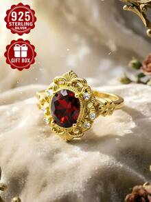 1pc 925 Sterling Silver Ring, Exquisite Carved Hollow Craftsmanship, Size 7-11, Comes With Gift Box - Gold - View 2