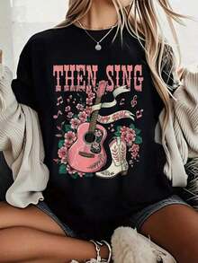 Camiseta de manga corta negra para hombre, 100% algodón de alta densidad, con estampado "Christian Western Cowboy Black With Pink Accents, Guitar And Boots", corte holgado informal, lavable a máquina, transpirable, ropa casual, top para adulto, éxito de . - Negro - Ver 7