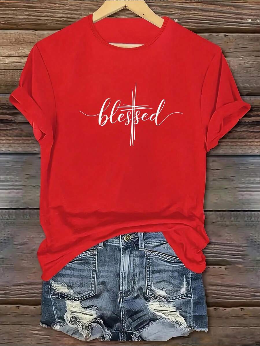 1 Piece Of Elegant Women's T-Shirt With Round Neck And Short Sleeves, Casual Style For All Seasons, With A Creative Graphic Print 'BLESTSED'. - 紅色 - 查看 1