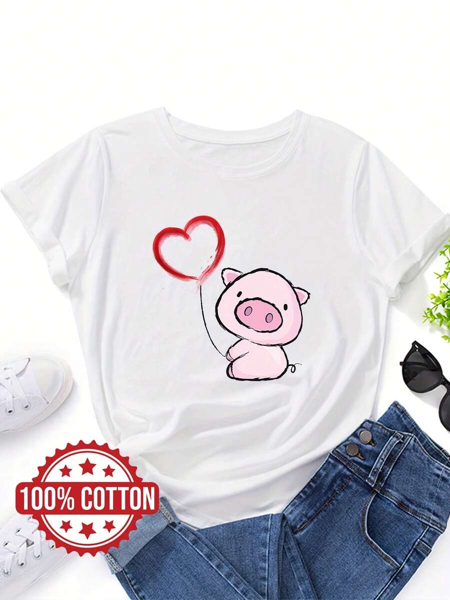 Camiseta de Mujer con Estampado de Globos y Corazones - 100% Casual, Cuello Redondo, Manga Corta, Blusa Cómoda para Verano y Todas las Estaciones, Ideal para Atuendos Casuales o Temáticos, Lavable a Máquina, Diseño de Animales