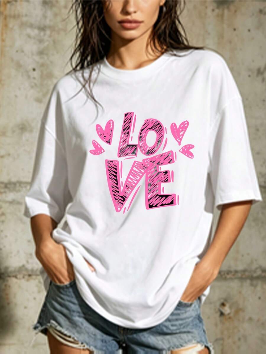 Women's Casual Blouse, Simple Style For Everyday Wear, 180g Heart Print T-Shirt - Suitable For Family Gatherings, Corporate Events, And Team-Building Activities. | An Excellent Choice For Valentine's Day Gifts. | Soft And Comfortable Casual Short-Sleeved T-Shirt, Simple For Everyday Wear. - 白色 - 查看 1