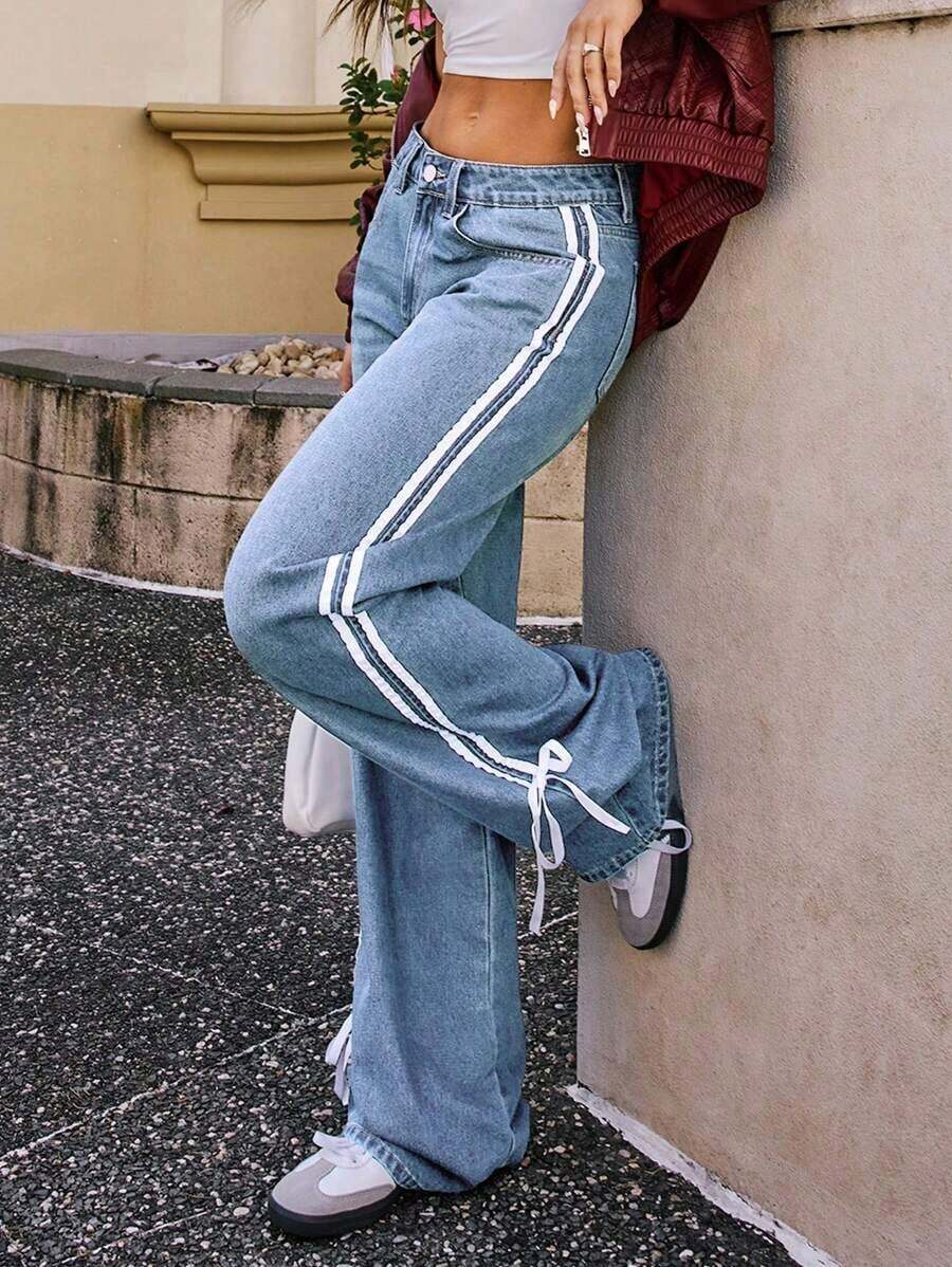 Jeans casuales sueltos de corte recto con rayas laterales para mujer ZZL, estilo Y2K con lazo de cinta. - Lavado ligero - Ver 1