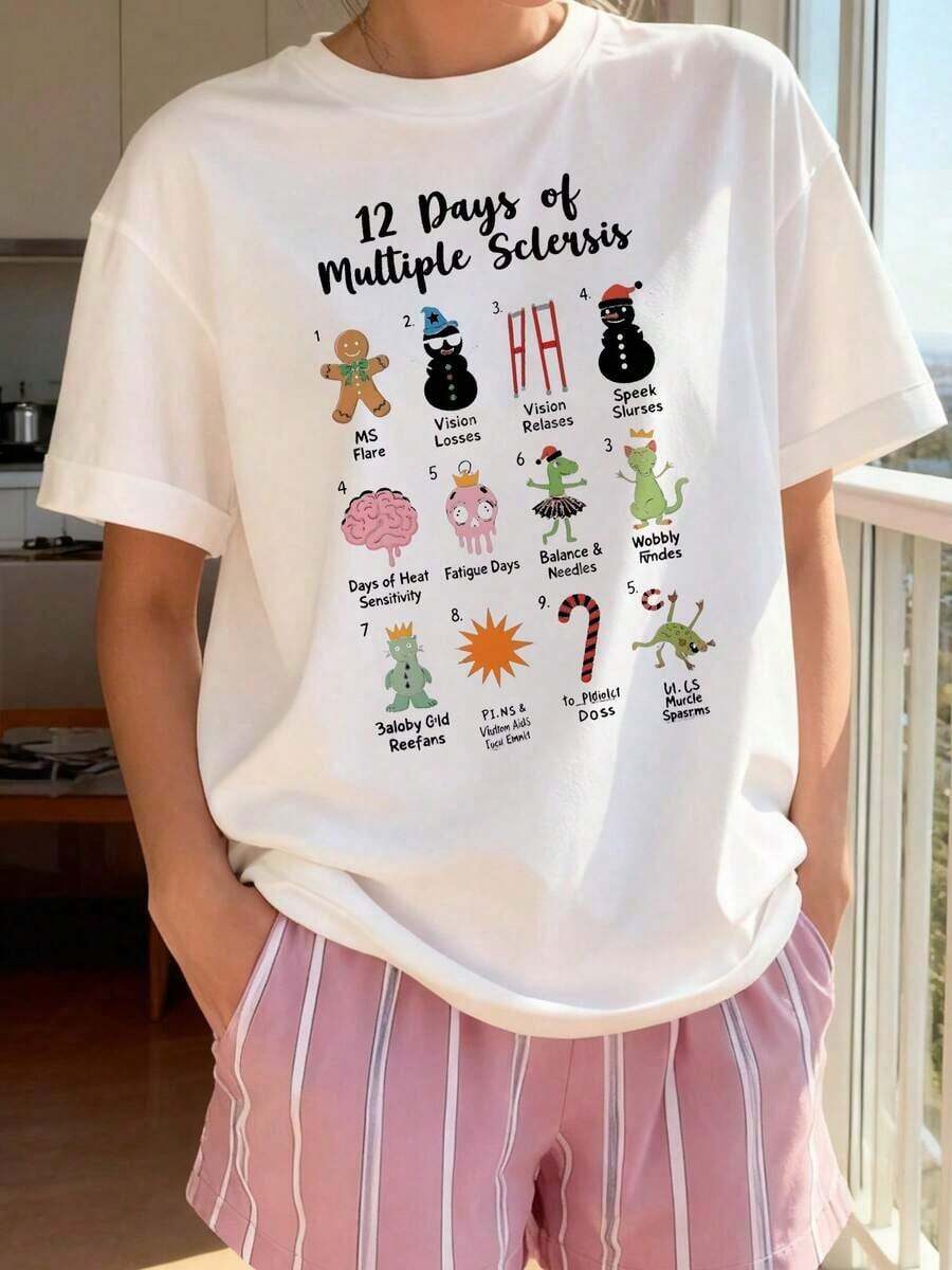 Women's T-Shirt Made Of 100% Cotton, Round Neck, Breathable, Comfortable And Lightweight, Ideal For Spring And Summer, With A "12 Days Of Multiple Sclerosis" Print Featuring Christmas Designs, A Casual, Awareness-Raising And Humorous Style, Versatile For Everyday Use And Awareness Events. - 白色 - 查看 1
