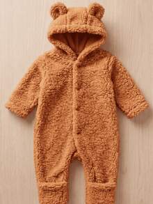 Fleece  With Ears, Winter, Cold Weather, Long Sleeves, Baby Boy, Baby Girl, Newborn To 12 Months, Hooded, Cute, Stylish, Comfortable, Warm - 摩卡棕 - 查看 6