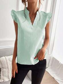 Blusa de mujer de verano casual con cuello con muesca a rayas y volantes en el bajo - Verde 2 - Ver 3