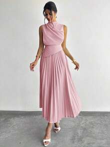 Vestido de línea A con cuello de swing sin mangas y volantes, falda paraguas, para volver al colegio, ropa escolar, fiesta, estilo de mujer de dinero antiguo, atuendos para salir, atuendos de fiesta para mujer, atuendos de oficina para mujer, fald - Rosa Pálido - Ver 8