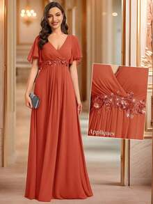 Elegante vestido de dama de honor de gasa con cuello en V, mangas con volantes bordados y plisados, vestido de noche formal para invitados de boda - Naranja Quemada - Ver 1