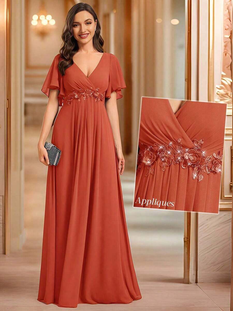 Elegante vestido de dama de honor de gasa con cuello en V, mangas con volantes bordados y plisados, vestido de noche formal para invitados de boda - Naranja Quemada - Ver 1