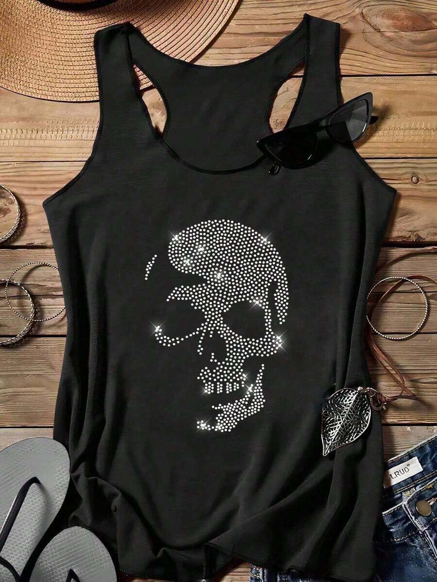 LUNE Camiseta de tirantes casual con estampado gráfico de calavera y rhinestones para Halloween, camiseta de tirantes, verano, casual - Negro - Ver 1