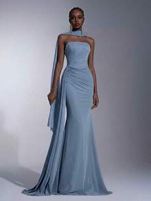 Vestido elegante de tela de gasa sin tirantes con forma de sirena, cintura baja, plisado lateral y drapeado (desmontable, multiusos) adecuado para citas, vacaciones, bodas, compras, uso diario, vestido de dama de honor - Niebla azul - Ver 6