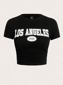 Camiseta De Manga Corta Para Mujer Con Estampado De Letras - Negro - Ver 7