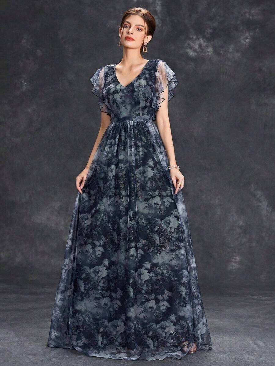 Vestido con estampado floral y mangas con volantes para mujer, vestido de madre de la novia para boda, vacaciones y primavera en color negro - Negro - Ver 1