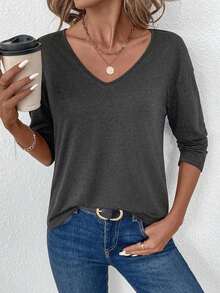Camiseta de manga larga con cuello en V regular y estilo minimalista casual, adecuada para otoño/invierno - Gris Oscuro - Ver 3