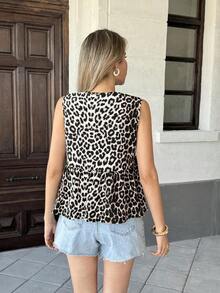 ajustada sin mangas con cuello redondo, cordón y estampado de leopardo plisado, de uso versátil y casual para mujeres - Multicolor - Ver 2