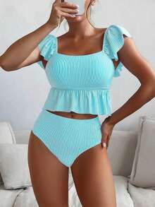 Conjunto de tankini a rayas con volantes para mujer, ideal para la playa - verde menta - Ver 1