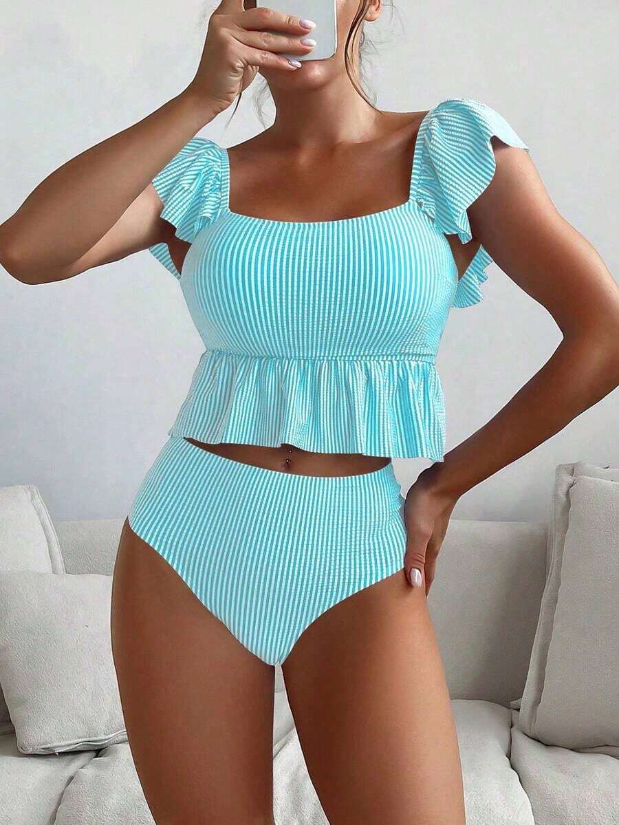 Conjunto de tankini a rayas con volantes para mujer, ideal para la playa - verde menta - Ver 1