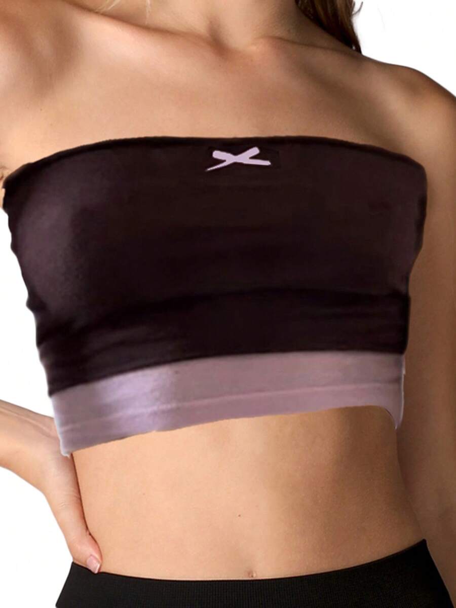 Women Elastic Basic Bandeau Summer Contrast Color Off-Shoulder Crop Tops Streetwear Club Wear - 棕色 - View 1