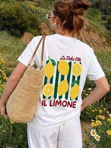1 Piece Of Women's Summer T-Shirt, Round Neck And Short Sleeve, With Vertical Stripe And Lemon Print "La Dolce Vita", Suitable For Vacation, Office, Outings, Daily Wear, Dates, Parties, Meetings And Casual Street Occasions. - 白色 - 查看 5