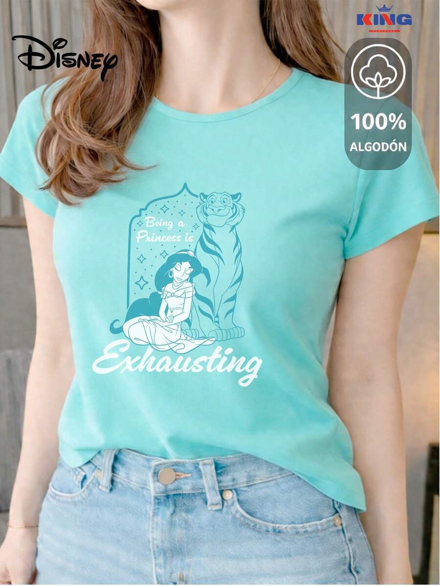 This 100% Cotton T-Shirt Is Of Excellent Quality, Guaranteeing Exceptional Softness To The Touch. It Features A Round Neck With A "Disney Jasmine Exhausting Princess" Print And Short Sleeves. - 水 - 查看 1